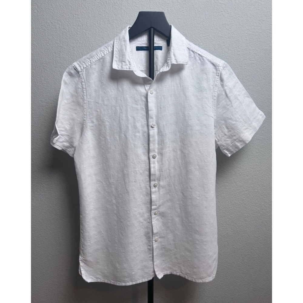 Perry Ellis Mens White Linen Cotton Short Sleeve Button Up Shirt Small Textured